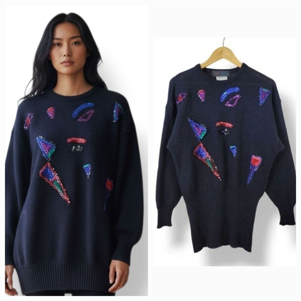 NEW Vintage Escada Wool and Mohair Sequin Embellished Tunic Sweater in Navy Blue